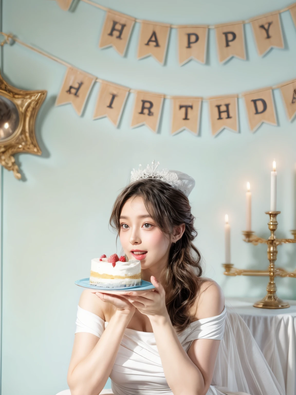 Woman in white dress sitting at table,Hands holding cake and candles, Holding a birthday cake, Happy birthday, Product introduction photos, Birthday parties, Photos taken with Canon 5D, Shot with Canon EOA 6d mark ii, eating a cake, Product photography, Photographed with sigma f / 4. 2, Photographed with sigma f/ 4.2, cake in hand