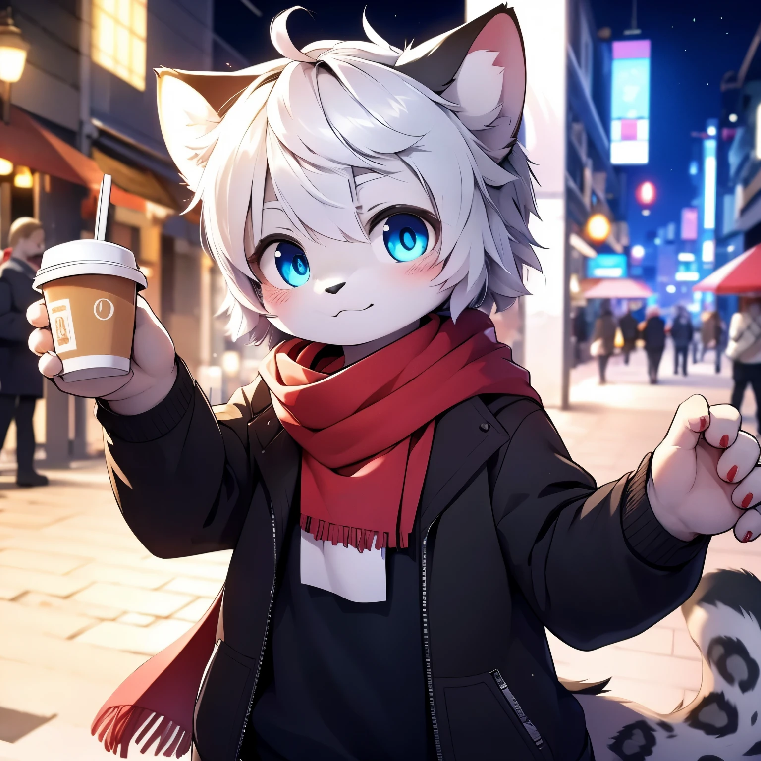 Highest image quality，masterpiece，orc，paw+（five fingers）+White+（White爪尖），break handheld latte+（Single）+Hold+black+（paper cup+hot drink lid）+In the hand，A detailed eye，Normal eyes，white eyebrows，Black ears+（Snow leopard ears）+Round ears+Thick，（Cat's tail）+Snow leopard tail texture+Coarse+in the lower back，（Gray hair），hairy，white hair，Lovely，Handsome teenager，（break red scarf），blue pupils，（night view），white hair，through bangs，Mottled light and shadow，Short hair details，lively+street+crowd，There are God&#39;s bright eyes，City，winter background，warmth，2023，（black外套+long sleeves），solo，（new year），（oval face），snowflake，Casual