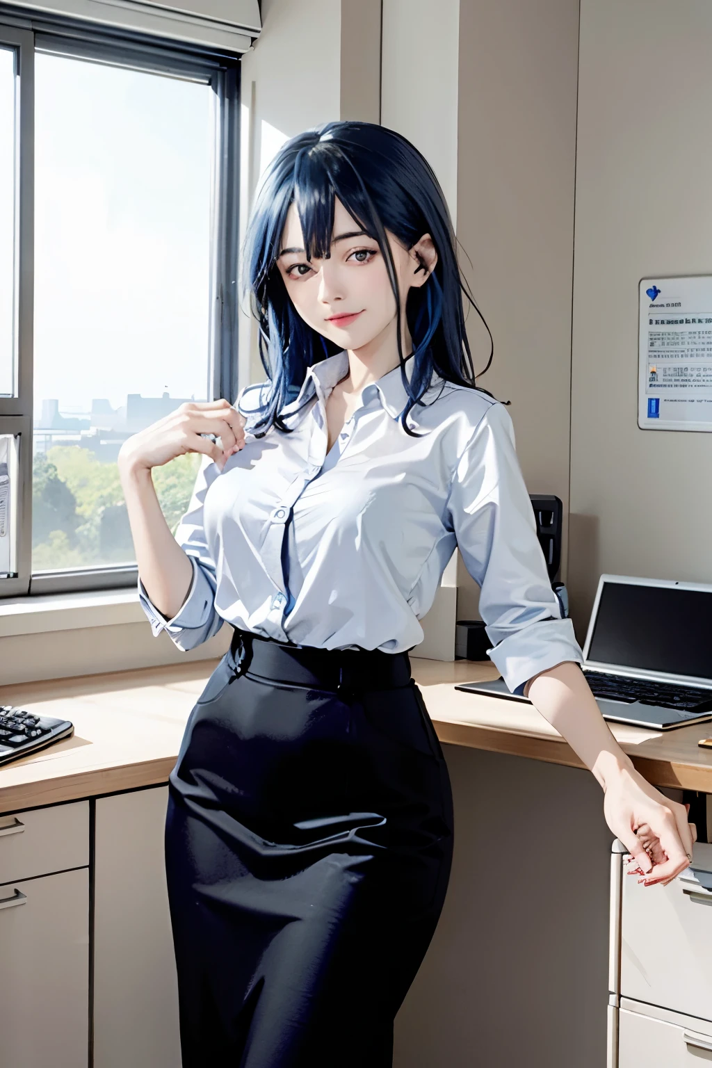 ((masterpiece, highest quality)), (1 girl),((mature woman)), blue hair, ((office lady )),bangs,middle chest,(Big breasts),slim,smile, [wide hips],office, Work on the computer