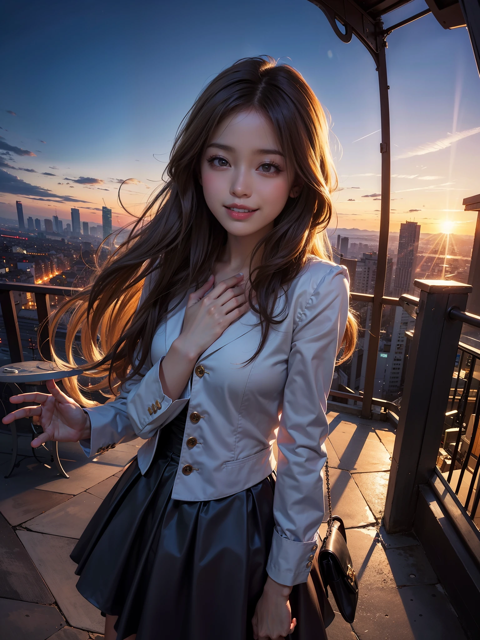 xxmixgirl,1 girl, Fisheye, self snap, Wind, messy hair, sunset, cityscape, (Aesthetics and atmosphere:1.2), gray hair,smile,movie girl