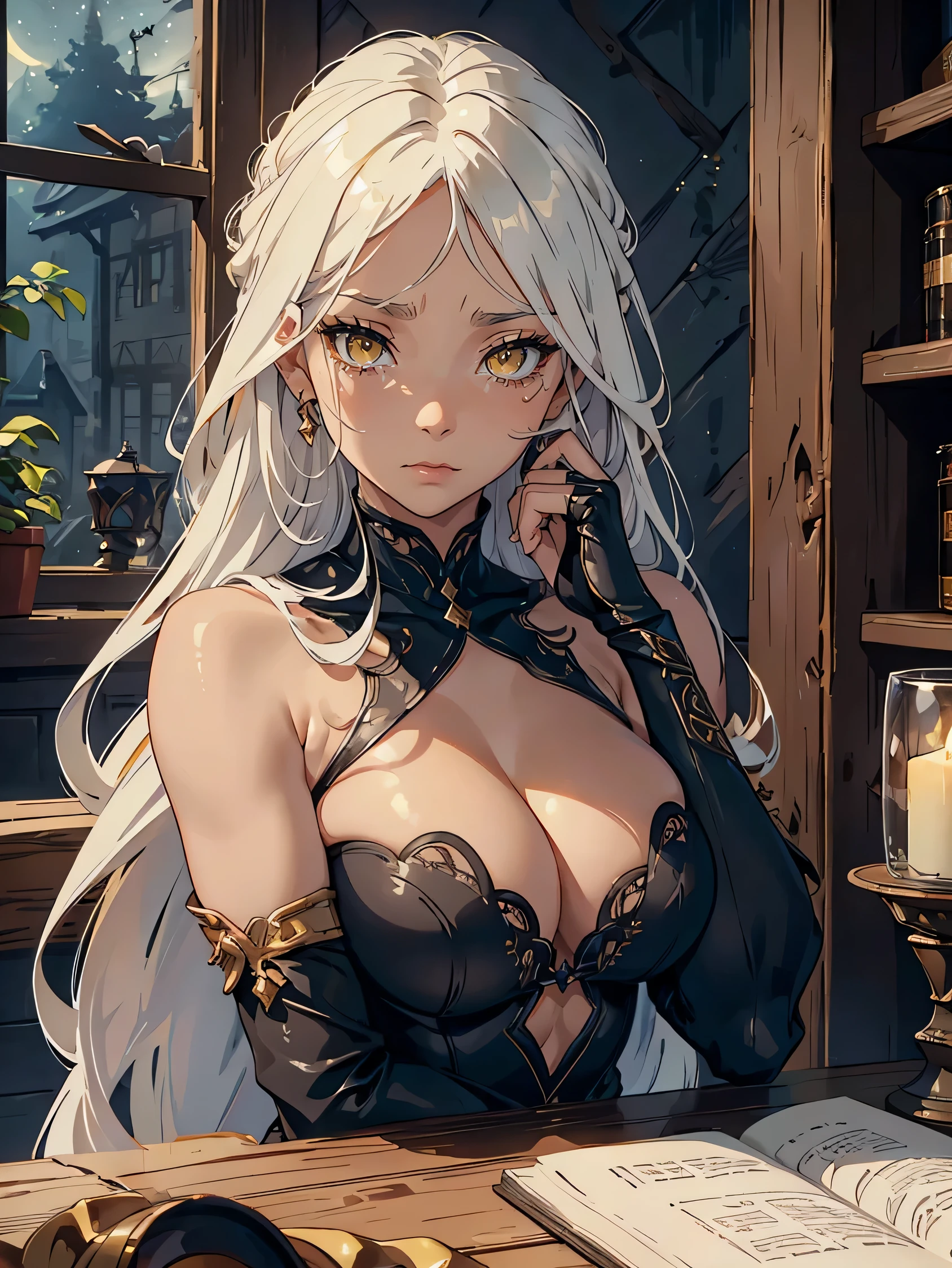 masterpiece, high quality, illustration, extremely detailed, 1_women, (upper body), sitting, sitting in chair, hands overing face, (exotic skin_complexion:1.4),mature, statuesque, beautiful, exotic, crying, sad expression, nsfw, busty, chest window, ((cleavage)), and halter dress, black ((diaphanous sparkling dress)) with gold trim, bare_shoulders, black knee_high boots, white embroidery elbow gloves, long hair, white hair, realistic and detailed face having ((yellow_eyes)), tears in eyes, ((dark_eyeliner)), long_eyelashes, dynamic lighting casts detailed shadows, rustic room, wooden table, rustic cabin, candles, candle light, clocks on walls, potions, curtains, window with view of a starry night, night sky,