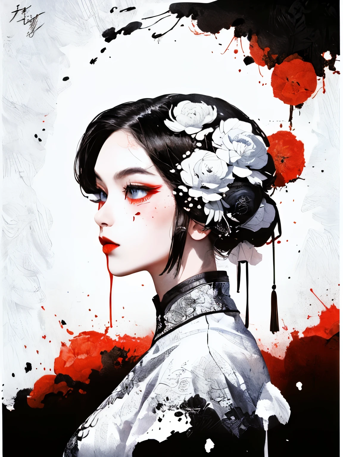 masterpiece, 8k, (absurdres, highres, ultra detailed), (1lady:1.3), EpicArt,Chinese ink paint,water inkSpot,White and white,Chinese style, ink splatter