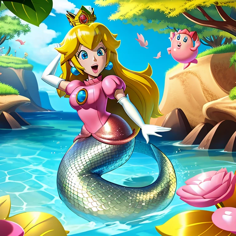 mermaid, underwater, pink mermaid, ((masterpiece)), best quality, outside, trees, blue sky, detailed, cartoon, detailed background,  perfect anatomy, 1girl, solo, long hair, open mouth, blue eyes, gloves, dress, blonde hair, jewelry, earrings, elbow gloves, crown, black background, princess peach, p