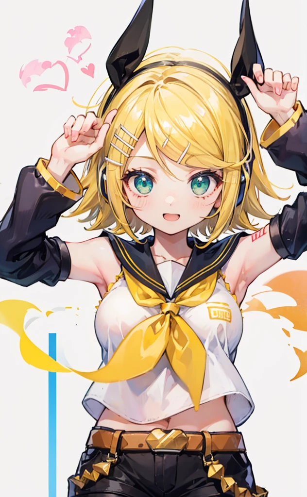 top-quality、super precision、Onegirl、(kagamine_Rin)、Green eyes、Cute s、、White hair ribbon、hair clips、headphones、a blond、a sailor suit、Black shorts、a belt、Yellow neckerchief、Sleeveless、ssmile、High school 、Older sister、white backgrounid big breast 露出肚脐 泳装