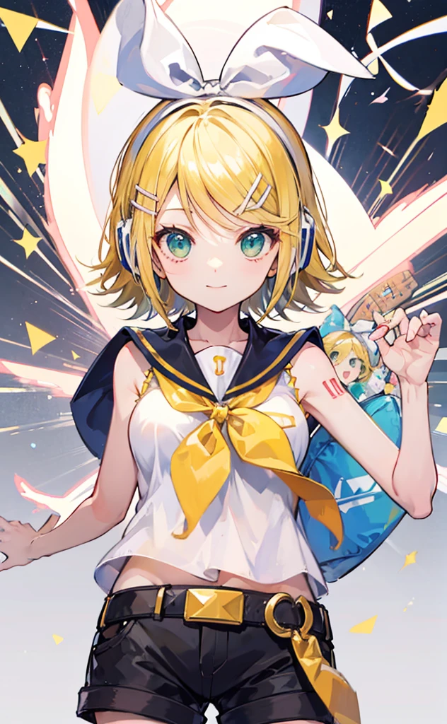 top-quality、super precision、Onegirl、(kagamine_Rin)、Green eyes、Cute s、、White hair ribbon、hair clips、headphones、a blond、a sailor suit、Black shorts、a belt、Yellow neckerchief、Sleeveless、ssmile、High school students、Older sister、white backgrounid big breast 露出肚脐 泳装