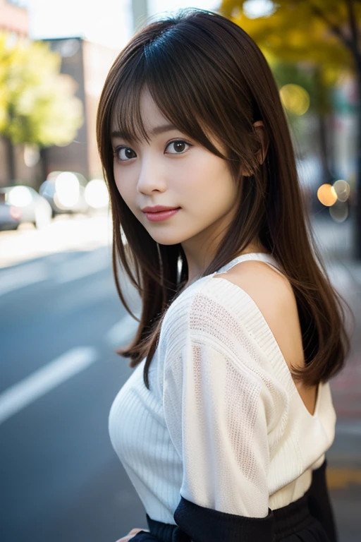 In 8K,highest quality:1.4, Super high resolution:1.5, (realistic:1.4),masterpiece:1.2,(highest quality:1.4)、 RAW photo、(background is blurry), full body shot:1.5、 1 japanese girl, cute, (alone), (slight smile), smooth skin、(30 years old:1.4)、stand、cute mini skirt、 (brown medium hair,bangs), (touch hair:1.4)、Nogizaka、cute、supple fingertips,beautiful black eyes、natural skin texture:1.3, Realistic eye and face details:1.7、medium breasts、look at the viewer、beautiful feet、autumn's、long sleeve、white background、To the tip of the head