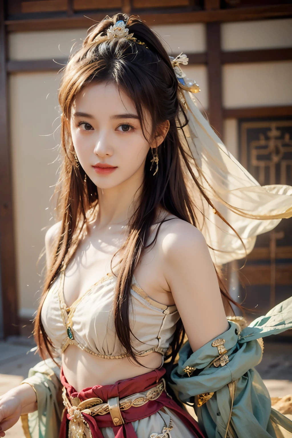 The fairy-like girl in Hanfu stands under Leifeng Pagoda，Looking at the camera very elegantly，Very good figure，（With a gentle expression）