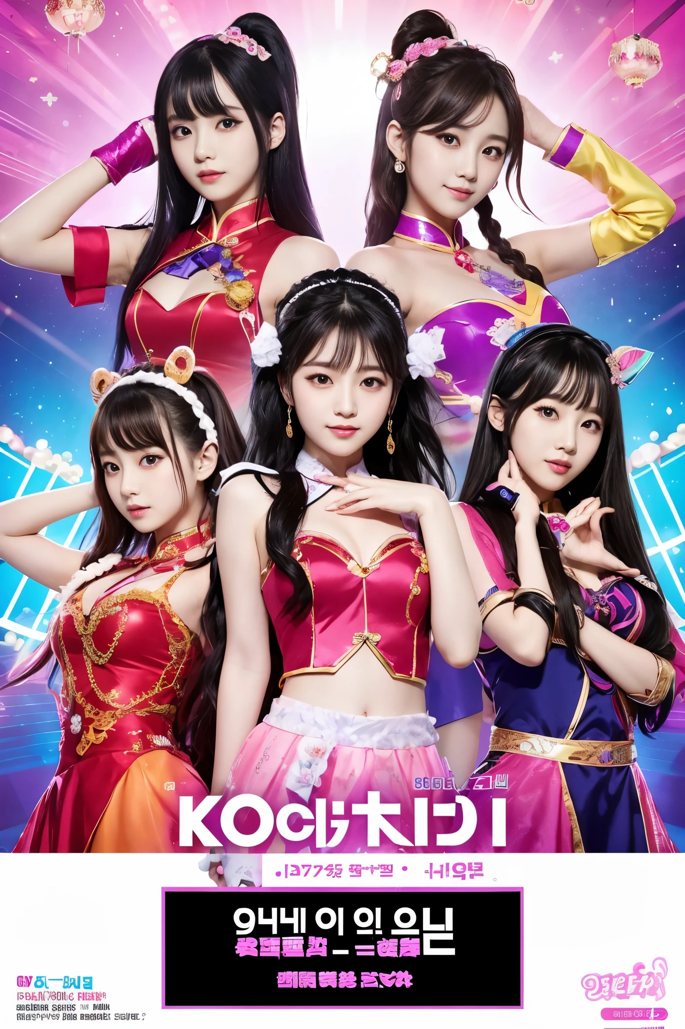 Concert poster, K-pop girl group, korean girl, concert name "dokidoki Splash!", Concert date is March 29th, Magic style, poster title "[AI's]New Generation Idol Group",The costume is a Chinese dress style idol costume.
