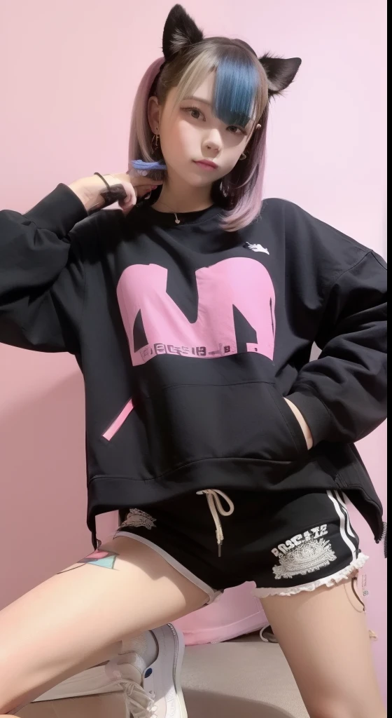 vividness,overview,zentangle,highest quality,girl,unbelievably beautiful,oversize jacket,T-shirt,black shorts,sneakers,anime key visual,masterpiece,striking details,best shadow,Seamless geometric shapes,blank background,Geometric puzzle style,Geometric emoji mix,