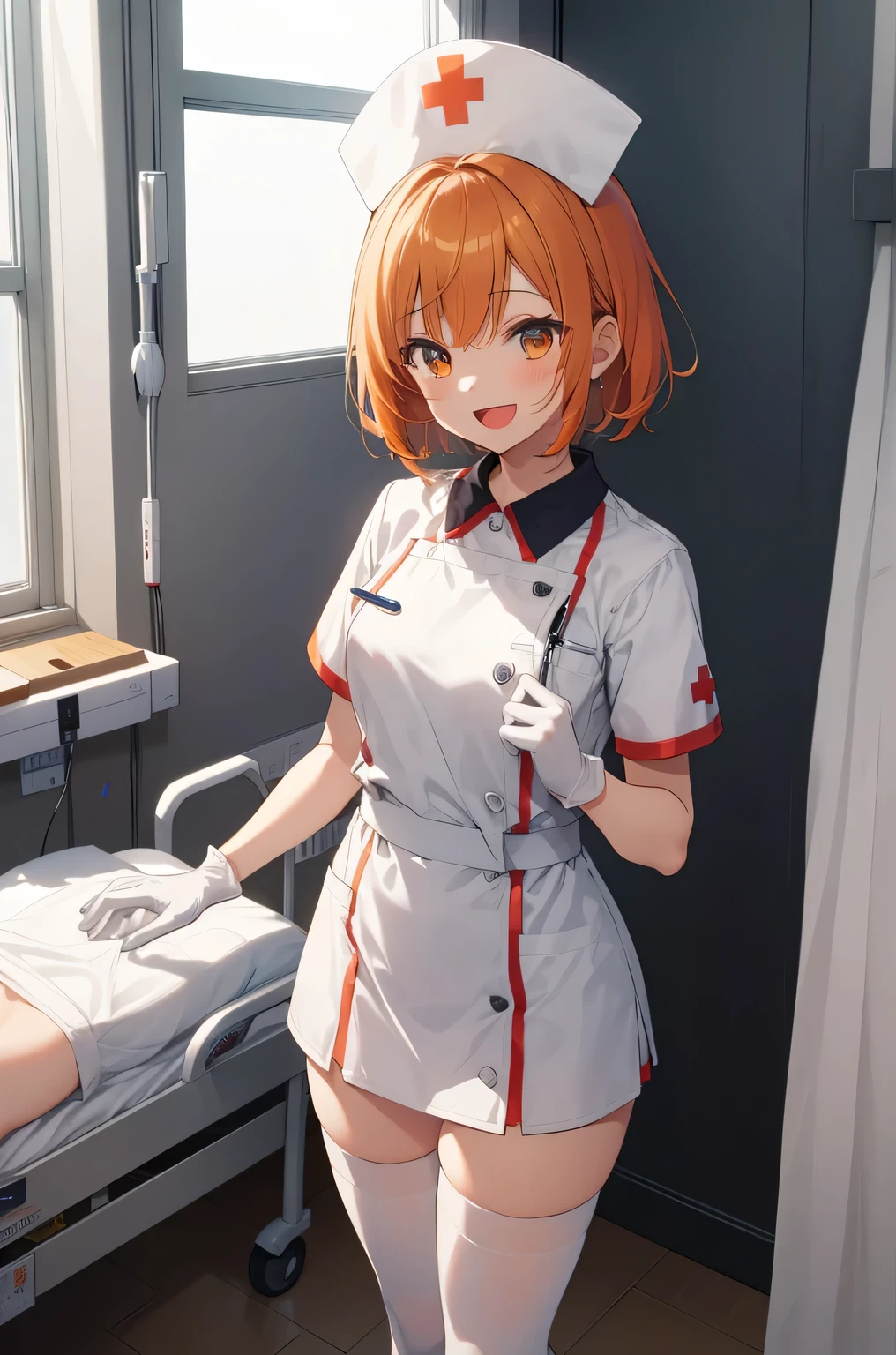 1 girl, alone, nurse, nurse cap, Whiteware, ((white legwear, zettai ryouiki)), white gloves, very short hair, orange hair, smile, open your mouth, Are standing, ((hospital room)), sharp outline, short sleeve, Tomboy, boyish, highest quality, masterpiece