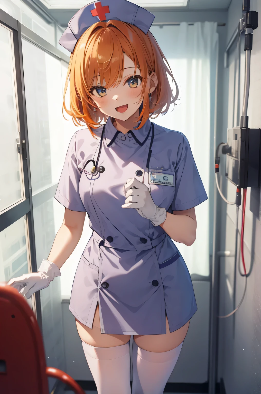 1 girl, alone, nurse, nurse cap, Whiteware, ((white legwear, zettai ryouiki)), white gloves, very short hair, orange hair, smile, open your mouth, Are standing, ((hospital room)), sharp outline, short sleeve, Tomboy, boyish, highest quality, masterpiece