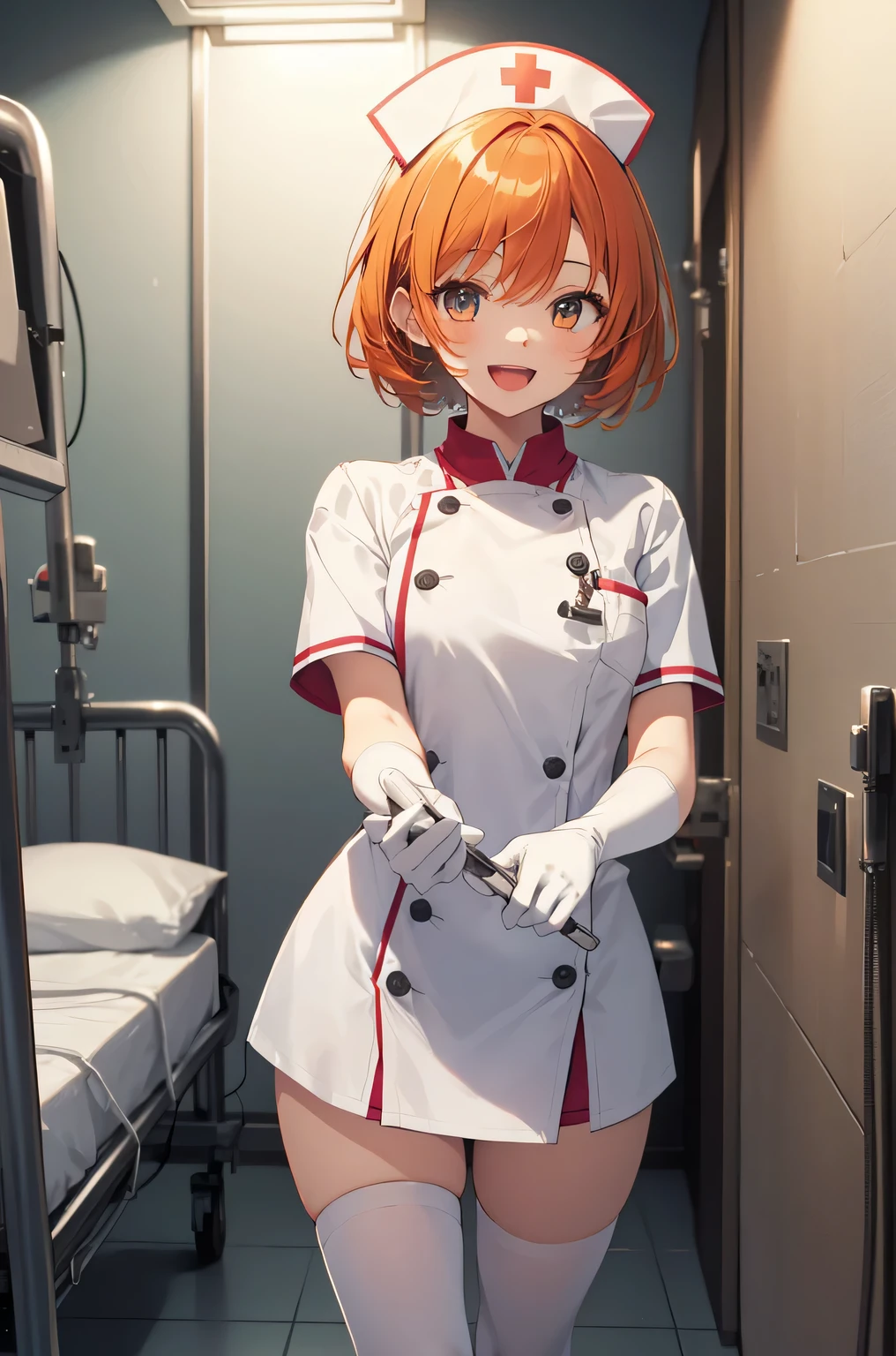 1 girl, alone, nurse, nurse cap, Whiteware, ((white legwear, zettai ryouiki)), white gloves, very short hair, orange hair, smile, open your mouth, Are standing, ((hospital room)), sharp outline, short sleeve, Tomboy, boyish, highest quality, masterpiece