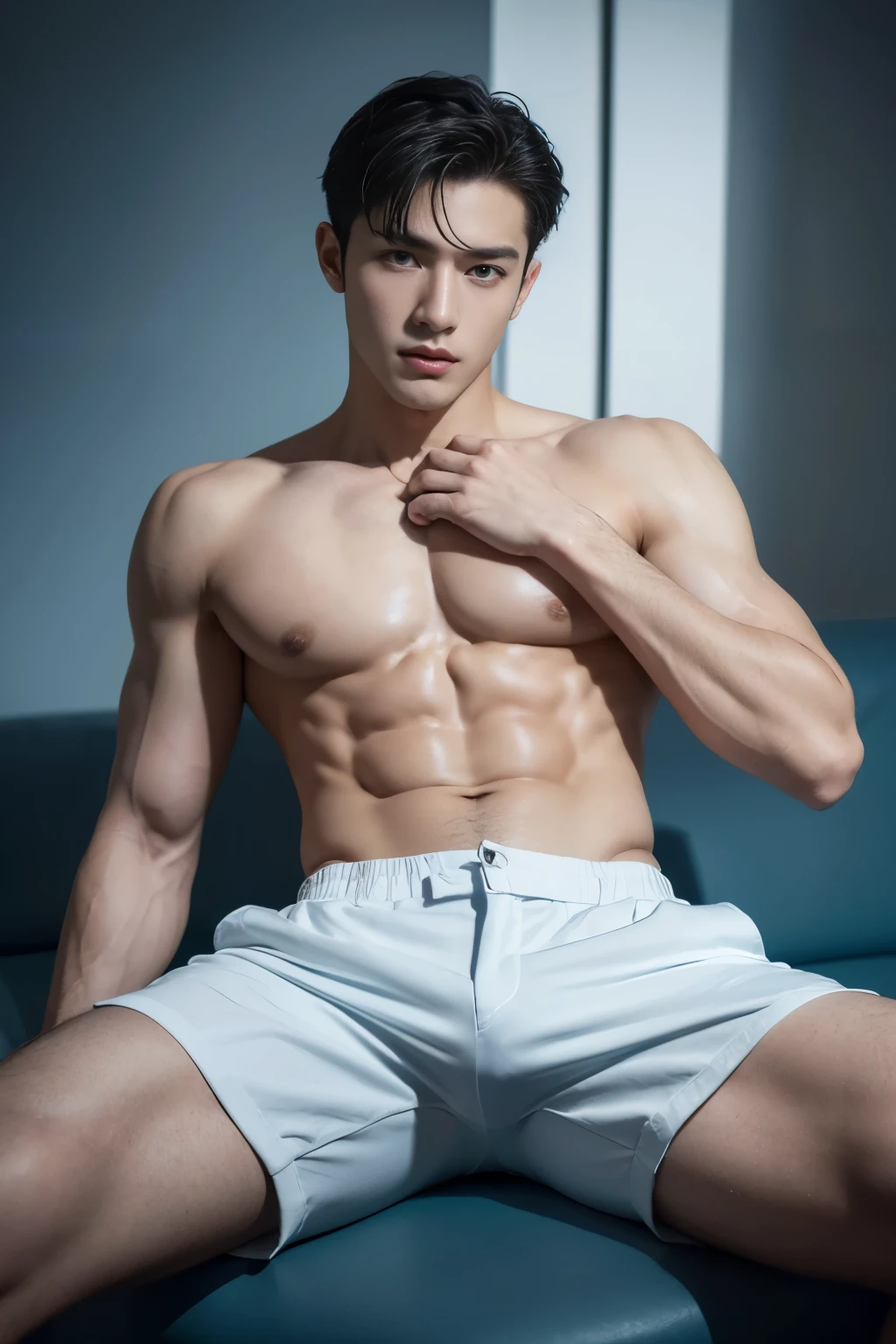 (absurderes, A high resolution, Ultra detailed, hdr), Masterpiece, Best quality, Portrait of a boy, Handsome boy with red eyes, Detailed face, Professional photo, The Arafed man went into battle shirtless, Fight comfortably，legs are open, (puffynipple(From below:1.1)), Focus on your audience,18 year old boy, Handsome boy, [ A well-defined body ]，Light blue shirt opening，Abs，chest muscle，super short white micro pants，large bulge，Black leather shoes，Close-up of feet，prinz，silber hair