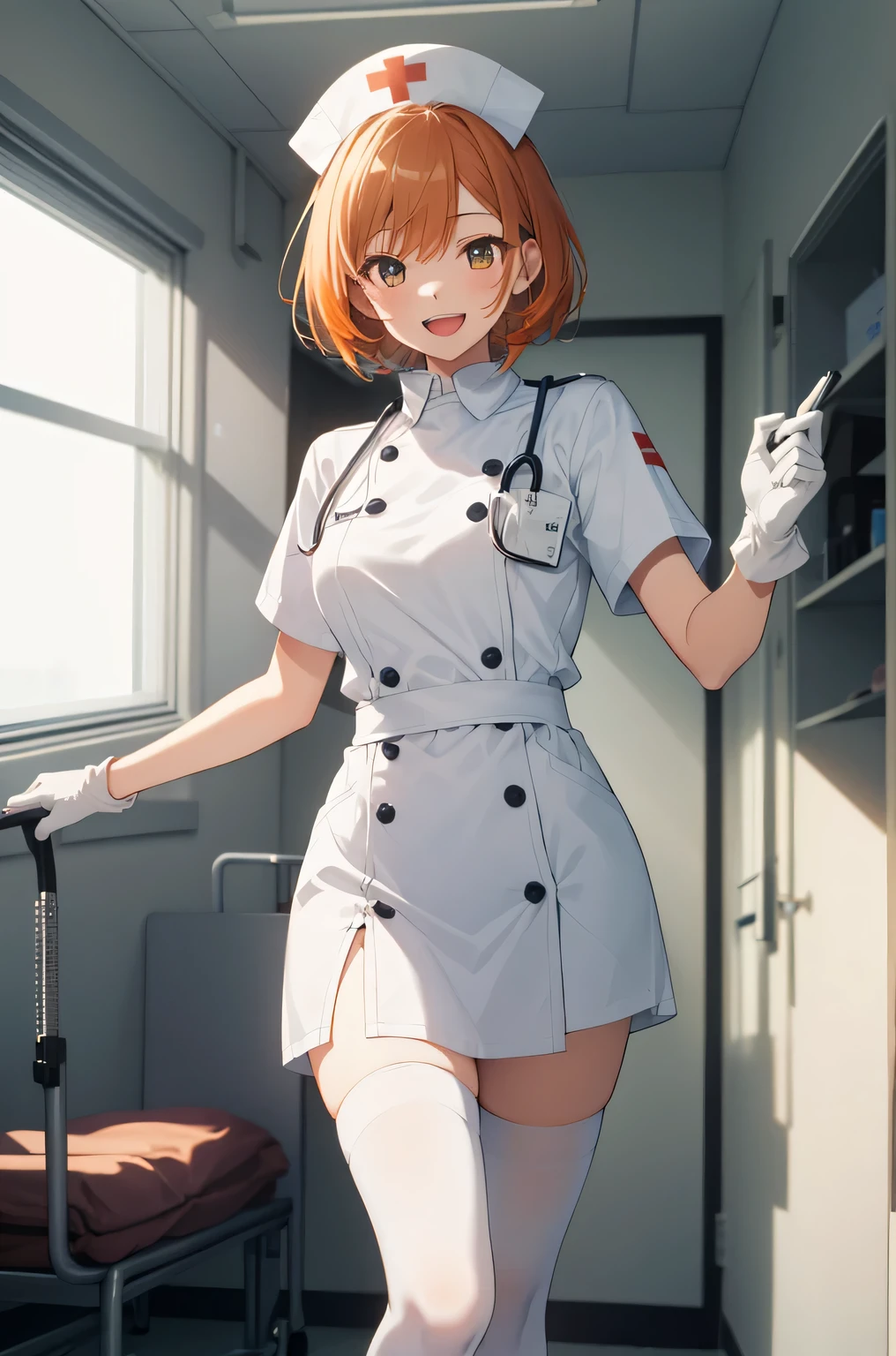 1 girl, alone, nurse, nurse cap, Whiteware, ((white legwear, zettai ryouiki)), white gloves, very short hair, orange hair, smile, open your mouth, Are standing, ((hospital room)), sharp outline, short sleeve, Tomboy, boyish, highest quality, masterpiece