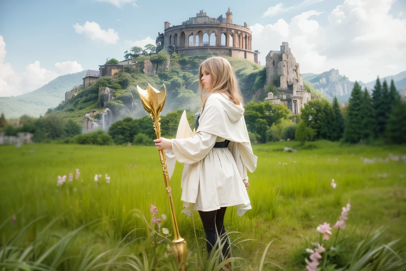 (Best quality, 8k, 32k, Masterpiece, UHD:1.2) "Immerse the viewer in the enchanting world of Frieren: Beyond Journey's End. Capture the essence of a mystical forest with ancient ruins and towering mountains in the background. Infuse the scene with a touch of magic and fantasy, emphasizing the lush greenery, vibrant flora, and the remnants of a long-lost civilization. Pay careful attention to the play of light filtering through the dense foliage, creating dappled patterns on the forest floor. Ensure that the mountains convey a sense of grandeur and mystery in the distance. Apply cinematic lighting to enhance the atmosphere, casting soft and warm illuminations on the landscape. Let the image transport the viewer to a moment of quiet exploration in this captivating fantasy realm."