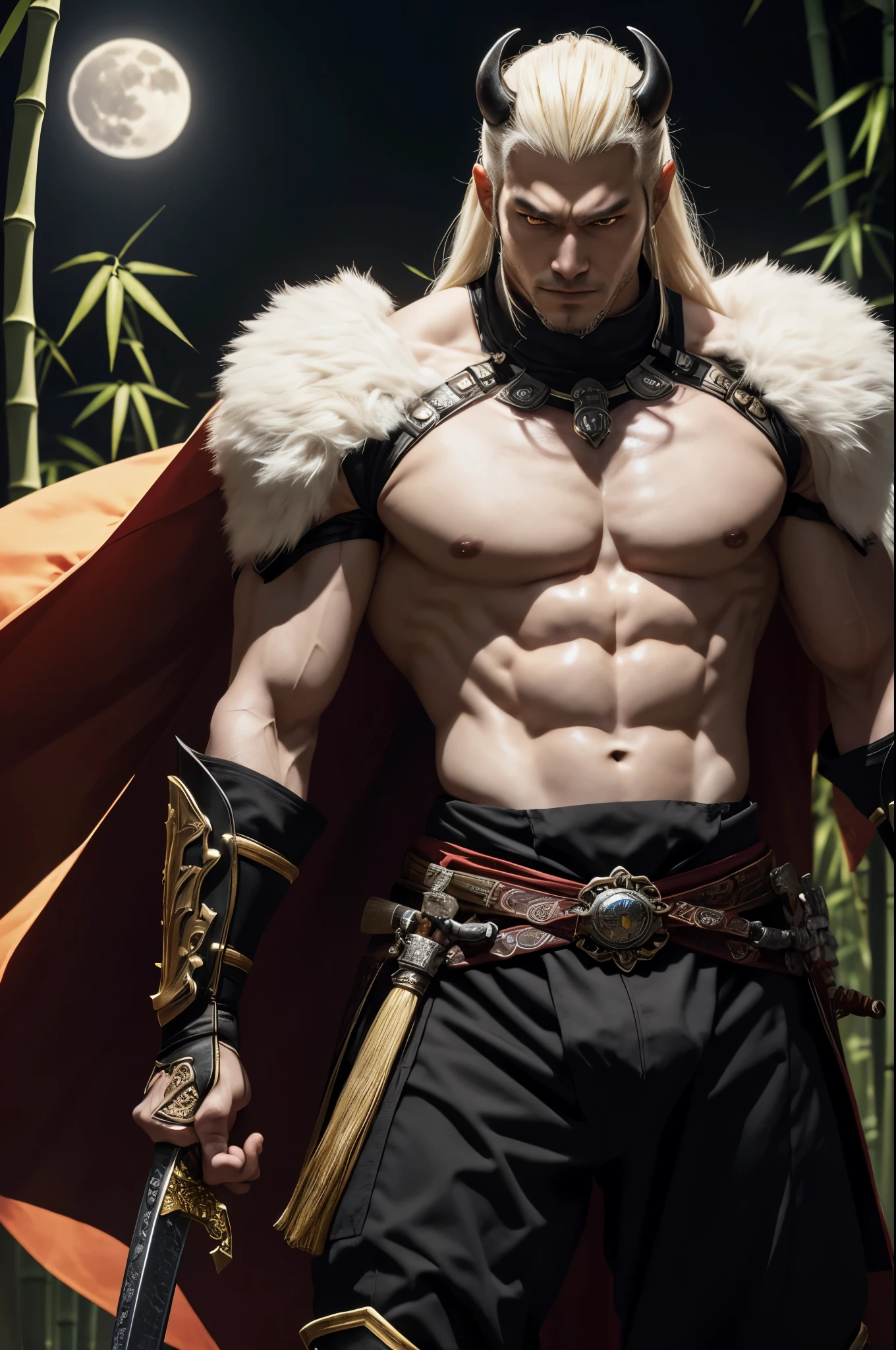 8K,額から真っ直ぐにbornえる1本の白い角,Demon man with a big long sword, devil's villain, demon samurai,super handsome(like the real thing),Albino skin,realistic skin golden eyes, rich colors, Backlight, cinematic lighting, film grain, born, 50mm lens, Nikon D850,full moon and bamboo forest,super handsomeな成人した男性,pure white skin,brown and black armor,