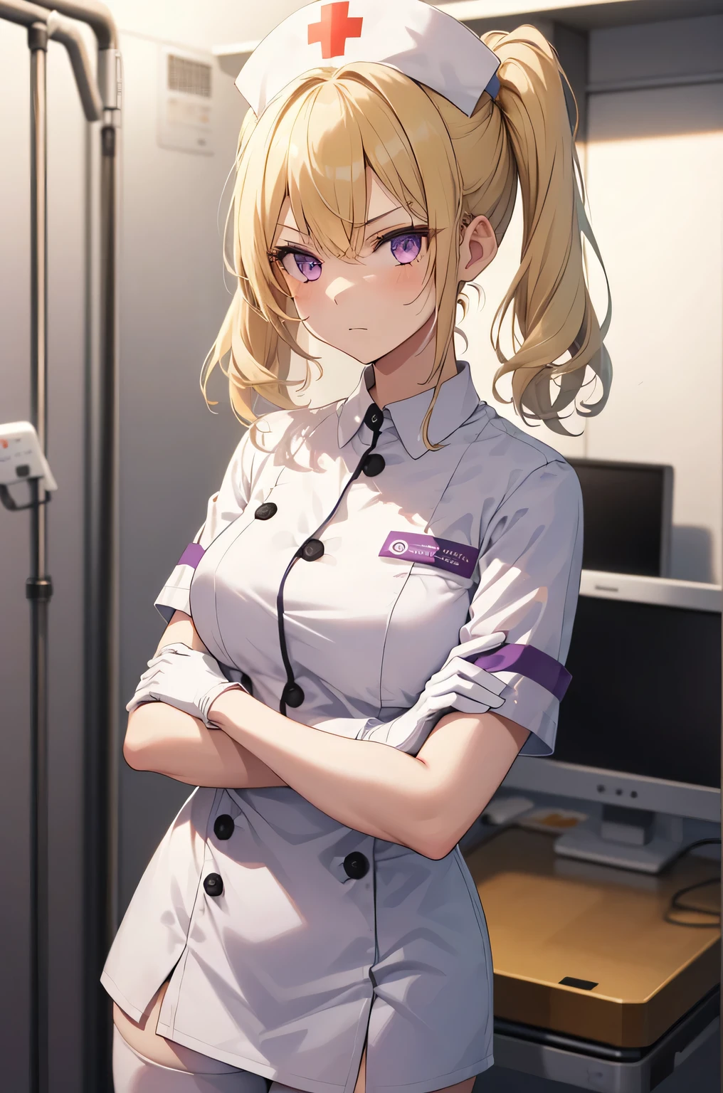 1 girl, alone, nurse, nurse cap, Whiteware, ((white legwear, zettai ryouiki)), white gloves, twin tails, yellow hair, purple eyes, anger, crossed arms, Are standing, ((hospital room)), sharp outline, short sleeve, highest quality, masterpiece