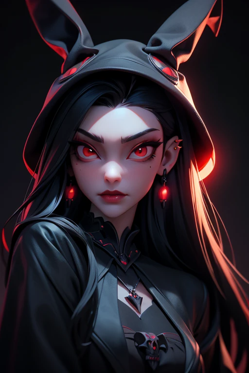 Goth girl, Goth girl 1girl ,1girl, solo, long hair, tan skin, black hair, jewelry, bunny hat, closed mouth, black fashion clothes, lips, red lips, red eyes, glowing eyes, piercing, portrait, , skull earrings, dark dracula castle background, dark gothic background,