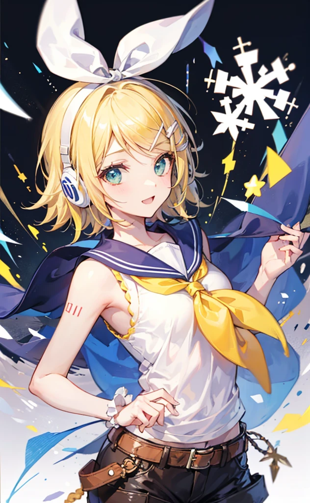 top-quality、super precision、Onegirl、(kagamine_Rin)、Green eyes、Cute s、、White hair ribbon、hair clips、headphones、a blond、a sailor suit、Black shorts、a belt、Yellow neckerchief、Sleeveless、ssmile、High school students、Older sister、white backgrounid small breast 露出肚脐 泳装