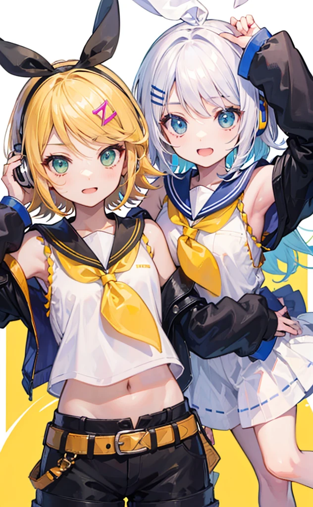 top-quality、super precision、Onegirl、(kagamine_Rin)、Green eyes、Cute s、、White hair ribbon、hair clips、headphones、a blond、a sailor suit、Black shorts、a belt、Yellow neckerchief、Sleeveless、ssmile、High school students、Older sister、white backgrounid small breast 露出肚脐 泳装