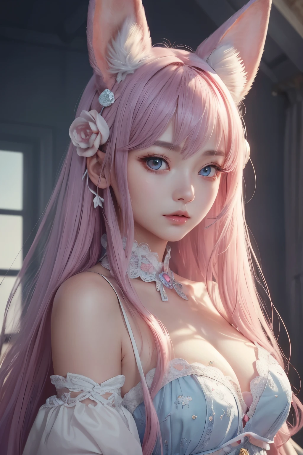 (surreal)、(enlightenment)、(High resolution)、(8K)、(very detailed)、(best illustrations)、(beautiful detailed eyes)、(highest quality)、(super detailed)、(masterpiece)、（detailed face）、solo、1 girl、looking at the viewer、Detailed、
Virtual Idol Concert Realiste Fake Animal Ears Fascinating Pink Eyes,
Cute rabbit with long blue hair　whole