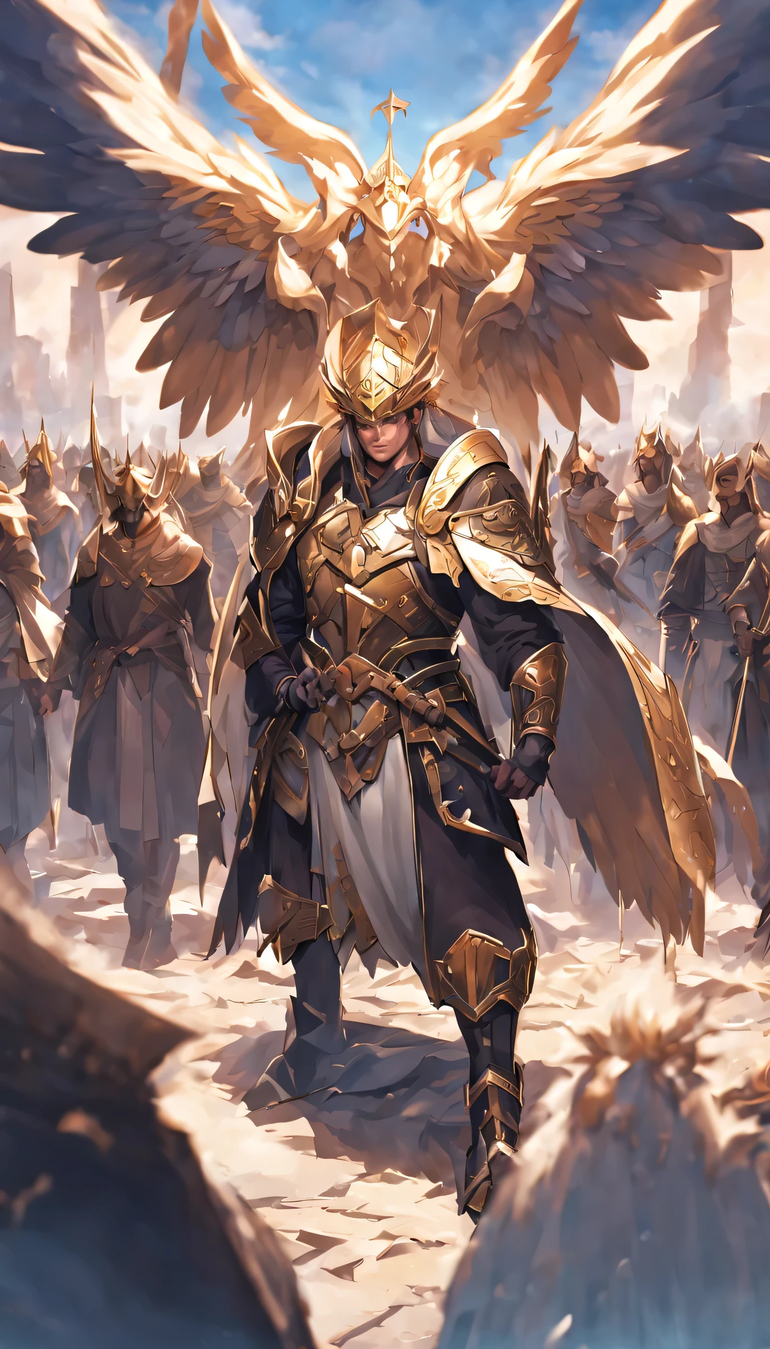 he male warrior angel in warrior is standing guard over a group of people, symbolizing his role as a defender.