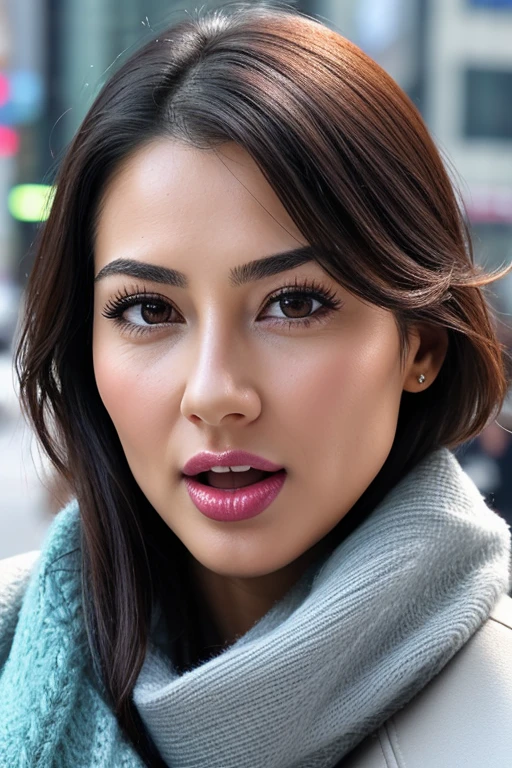 1 girl,pieces fly,,award winning photos, very detailed, bring the eyes into sharp focus, nose and mouth,face focus, super close up of face、 35 years old,black hair、symmetrical face,realistic nostrils、angle from below、Elongated C-shaped nostril NSFW,(sharp nose)skin shining with sweat、shiny skin,(wrinkles between eyebrows))(cum on tongue)、deep kiss、((thin eyebrows))oily skin、Shiny radiant skin、double eyelid、wet and shiny tongue、Beautiful face woman with wet tongue full of foam、Beautiful woman、medium hair,roll your eyes、shortcut、(Winter Street、long coat、sweater、scarf)、I can see the sky、Shibuya Center Gai、