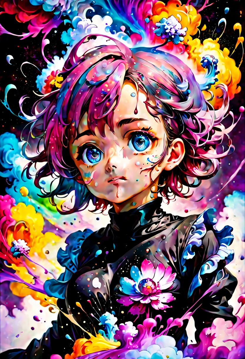A beautiful colorful magical liquid ink splatter space flower, swirling, astral, ethereal, whimsical nebulous magellanic cloud of ink splatters. Hyperrealistic, splash art, concept art, mid shot, intricately detailed, color depth, dramatic, 2/3 face angle, side light, colorful background, colored alcohol inks