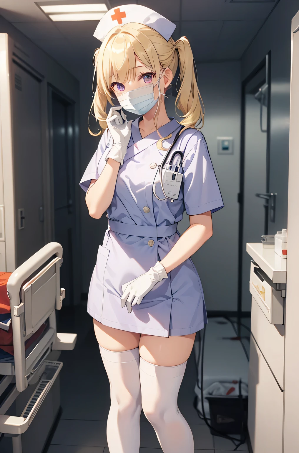 1 girl, alone, nurse, nurse cap, Whiteware, ((white legwear, zettai ryouiki)), white gloves, twin tails, yellow hair, purple eyes, ((White surgical mask, Covered nose)), Are standing, ((hospital room)), sharp outline, short sleeve, highest quality, masterpiece