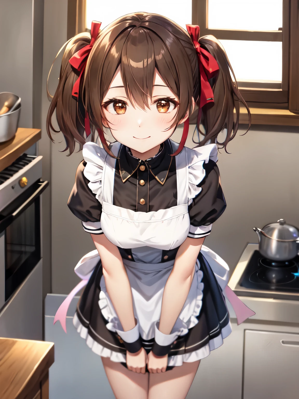 highest quality, High resolution, unity 8k wallpaper,Absolute reference to center、standing、silica,silica、moe 、solo、brown hair, (brown eyes:1.5), twin tails、hair ribbon, (small breasts:0.1), Break maid uniform、white maid outfit、Goth  style、standing 壊す looking at viewer, destroy indoors, kitchen,closed mouth、smile、Upper body、leaning forward、sexy