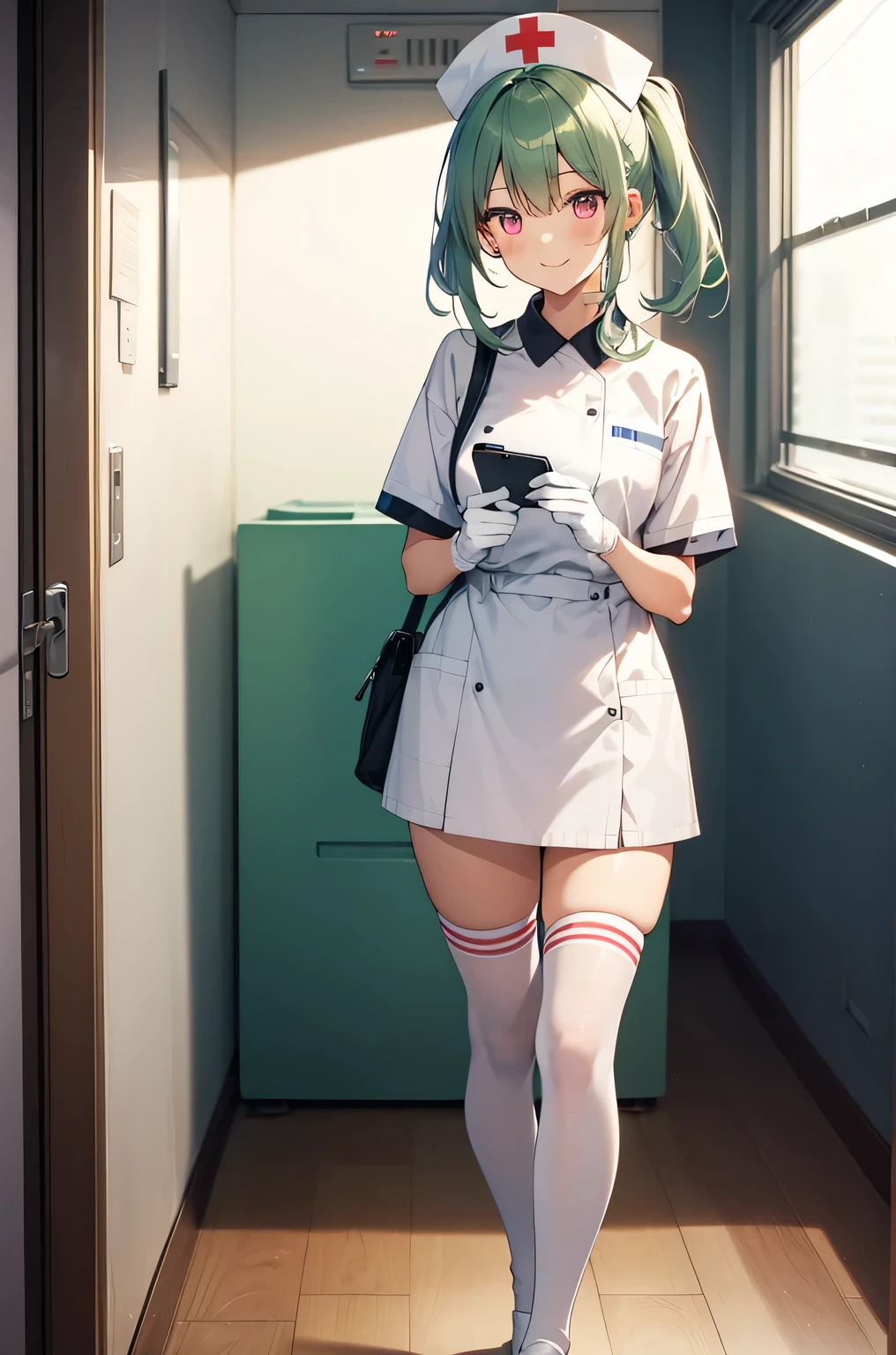 1 girl, alone, nurse, nurse cap, Whiteware, ((white legwear, zettai ryouiki)), white gloves, ponytail, green hair, pink eyes, smile, Are standing, ((hospital room)), sharp outline, short sleeve, highest quality, masterpiece