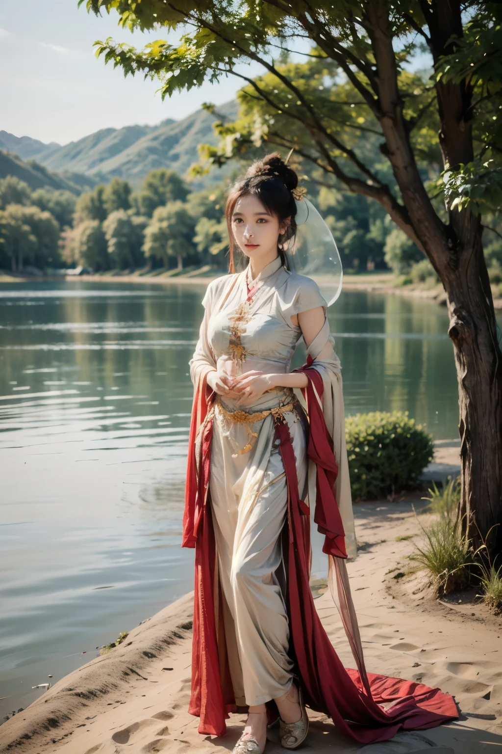 A fairy-like girl in Hanfu，Standing by the lake，Looking at the camera very elegantly，Very good figure，（full-body shot），（Royal sister temperament）