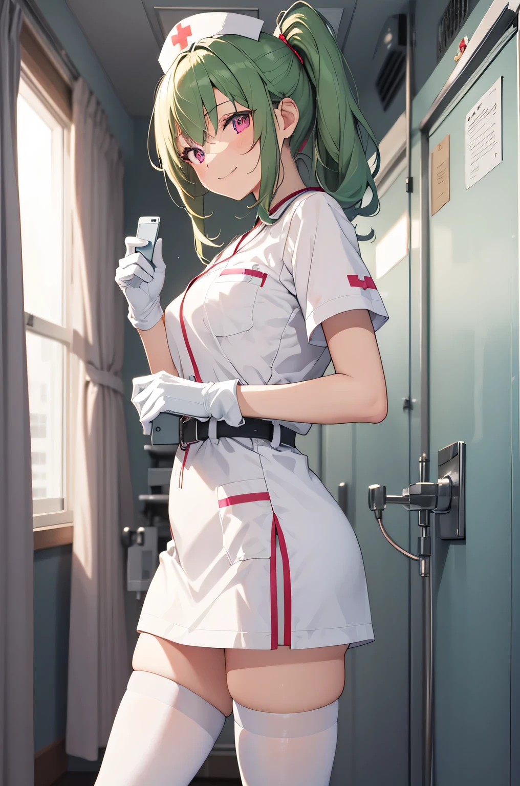 1 girl, alone, nurse, nurse cap, Whiteware, ((white legwear, zettai ryouiki)), white gloves, ponytail, green hair, pink eyes, smile, Are standing, ((hospital room)), sharp outline, short sleeve, highest quality, masterpiece