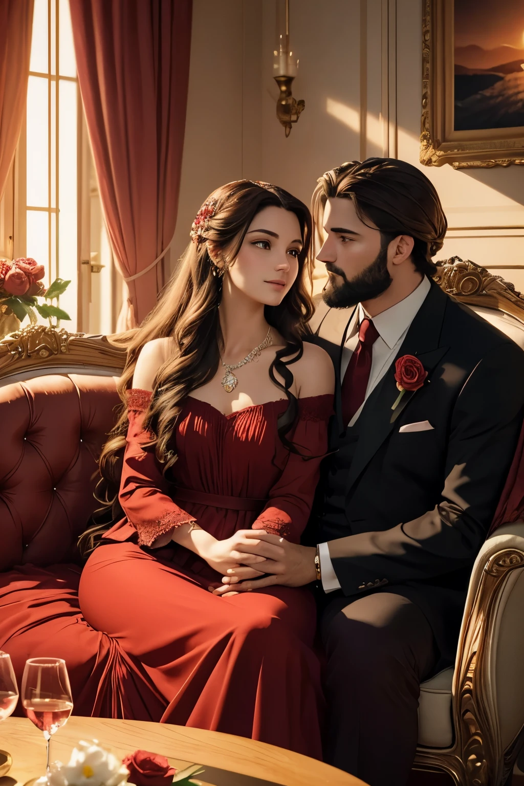 A romantic and enchanting scene for Valentine's Day 2024, in a horizontal layout. A man and a woman, both in their early 30s, dressed in elegant red outfits, exchanging loving gazes. They are seated on a plush couch, surrounded by a setting sun casting warm, golden light. Red roses adorn the table next to them, their petals soft and vibrant. The woman's long, wavy hair cascades down her shoulders, and she wears a delicate necklace with a heart-shaped pendant. The man's short, neatly-groomed beard frames his strong jawline, and he holds a glass of red wine in