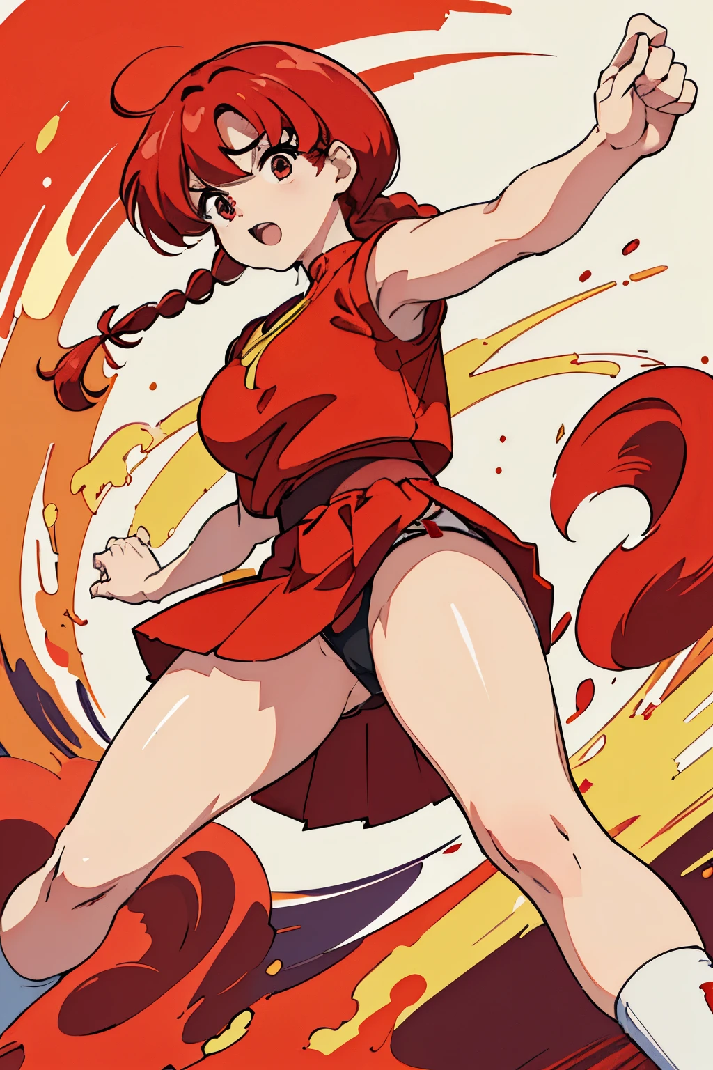 (8k, Foto RAW, La mejor calidad, Obra maestra:1.2), Ranma Chan, Ranma Red Shirt, red hair, braided belt, perfect body, red short skirt, upskirt, red panty, martial art