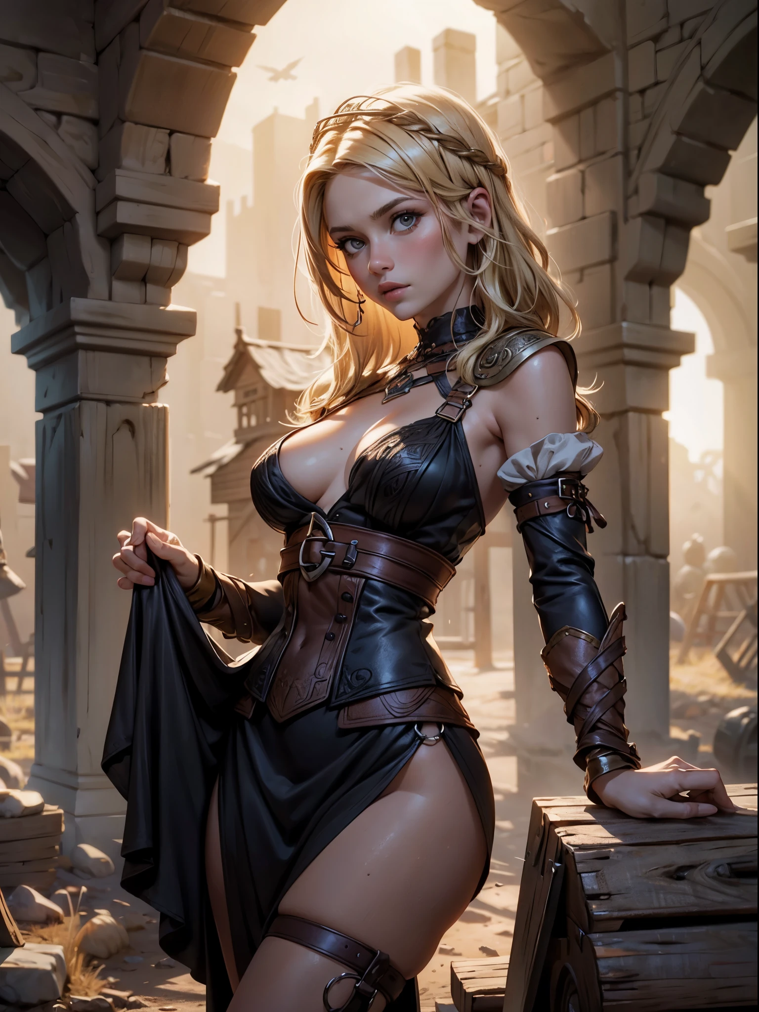 Masterpiece, a beautiful Viking woman, ((Marilyn Monroe:Michelle Pfeiffer:0.5)), (peasant bodice), (), (perfect body), (blonde matted hair), (short hairstyle), outside, dirty,(skin texture:1.1), best quality, ultra high res, Raw photo, Nikon D850, backlight, rimlight, bright sunlight, film grain:1.2, (warm hue, warm tone:1.2), (color photo), fantasy Viking village background