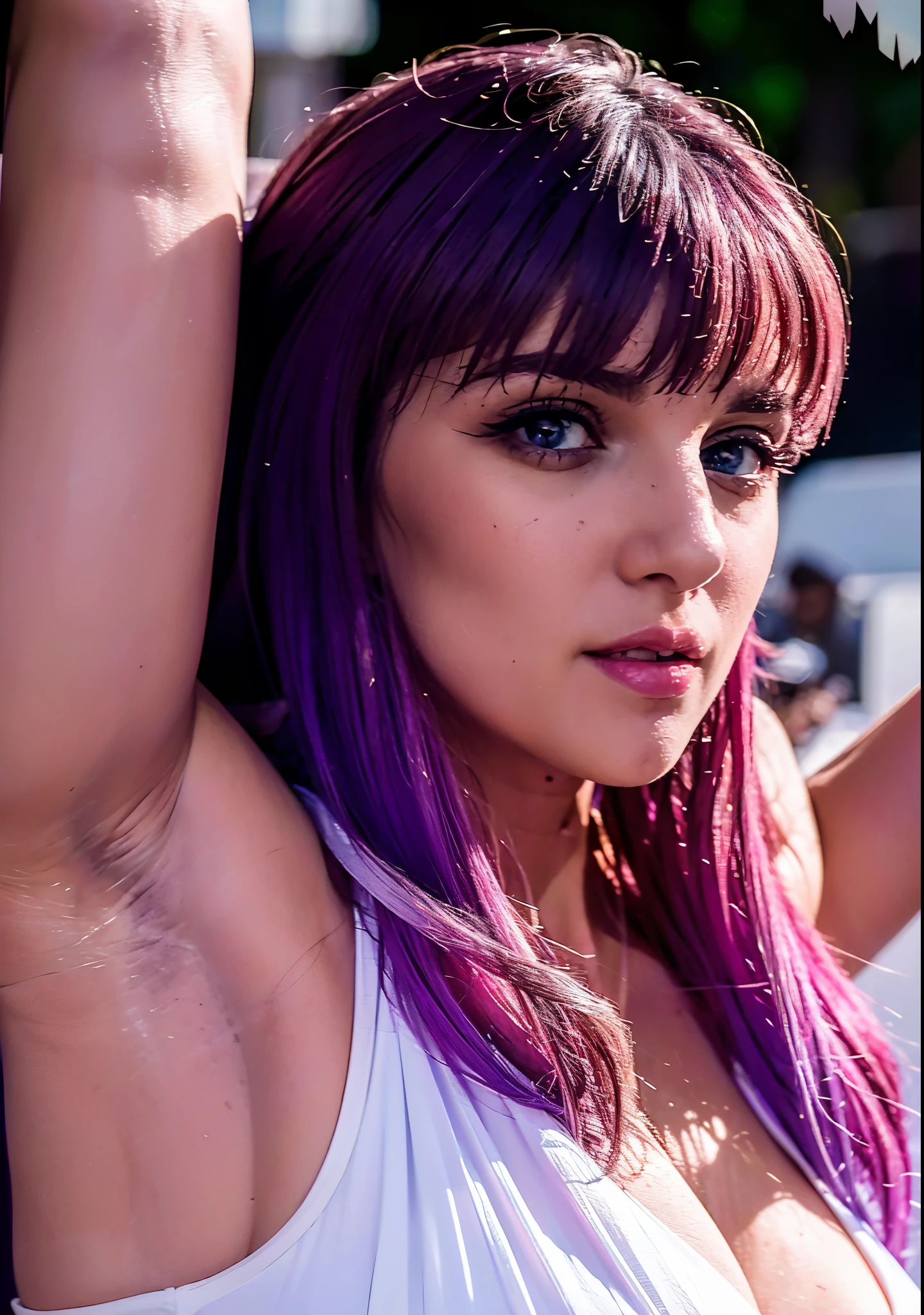 Kido Saori, 1girl, long straight purple hair, 40 yo fleshy milf, white dress, (I have voluptous breasts:1.25), (I have thick arms:1.55), anusha cleavage, busty, voluptuous, thick, curvy model body, body dents, visible lips, plump, fleshy juicy hips, glossy sweaty skin, 🤬❤❤️‍🔥💦🍑, juicy lips, plump red lips, fantasy character art, absurdres, high res, ultrasharp, 8K, professional photograph, award-winning portrait, masterpiece, (high detail full-body view), symmetrical, Nikon D850, 85mm lens, f/1.8, depth of field,