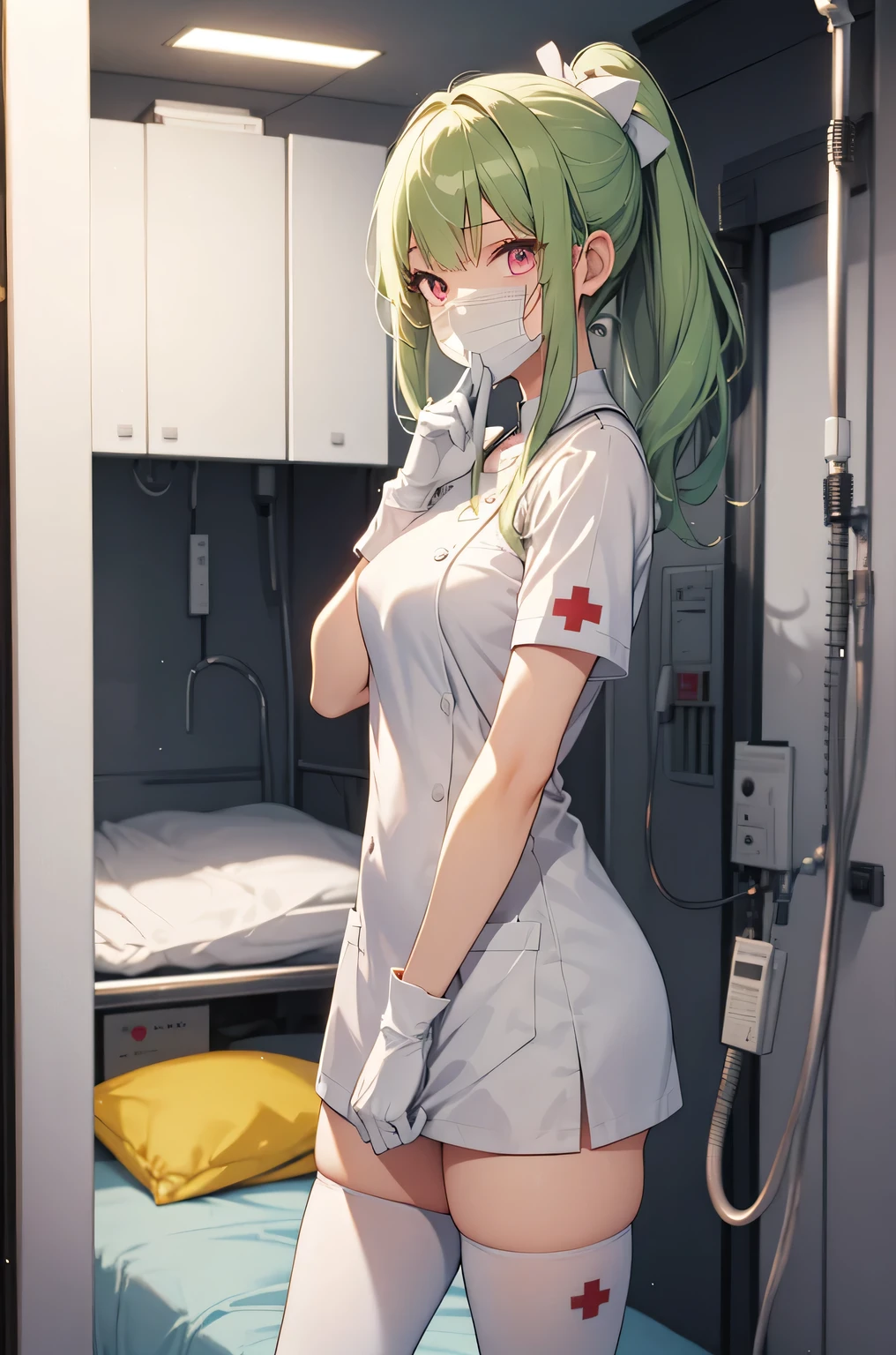 1 girl, alone, nurse, nurse cap, Whiteware, ((white legwear, zettai ryouiki)), white gloves, ponytail, green hair, pink eyes, ((White surgical mask, Covered nose)), Are standing, ((hospital room)), sharp outline, short sleeve, highest quality, masterpiece