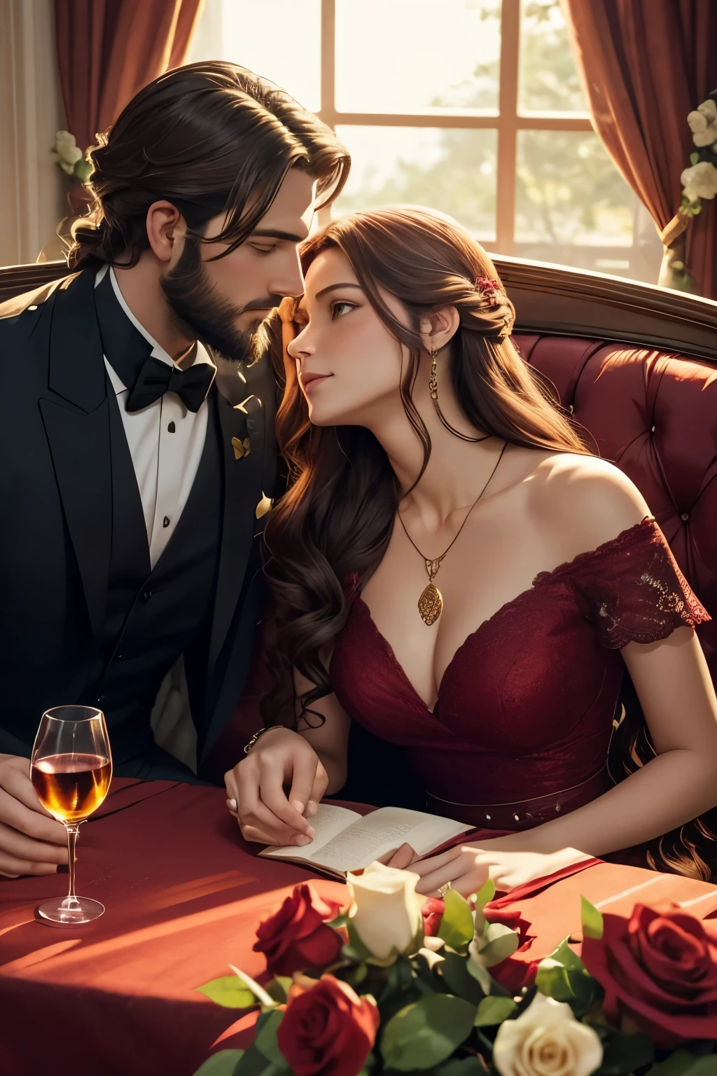 A romantic and enchanting scene for Valentine's Day 2024, in a horizontal layout. A man and a woman, both in their early 30s, dressed in elegant red outfits, exchanging loving gazes. They are seated on a plush couch, surrounded by a setting sun casting warm, golden light. Red roses adorn the table next to them, their petals soft and vibrant. The woman's long, wavy hair cascades down her shoulders, and she wears a delicate necklace with a heart-shaped pendant. The man's short, neatly-groomed beard frames his strong jawline, and he holds a glass of red wine in