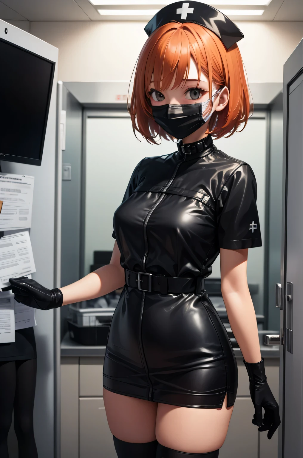 black nurse, 1 girl, black nurse cap, Black Wear, ((black legwear, zettai ryouiki)), black elbow gloves, very short hair, orange hair, ((Black surgical mask, Covered nose)), Are standing, ((operating room)), sharp outline, short sleeve, Tomboy, boyish, highest quality, masterpiece