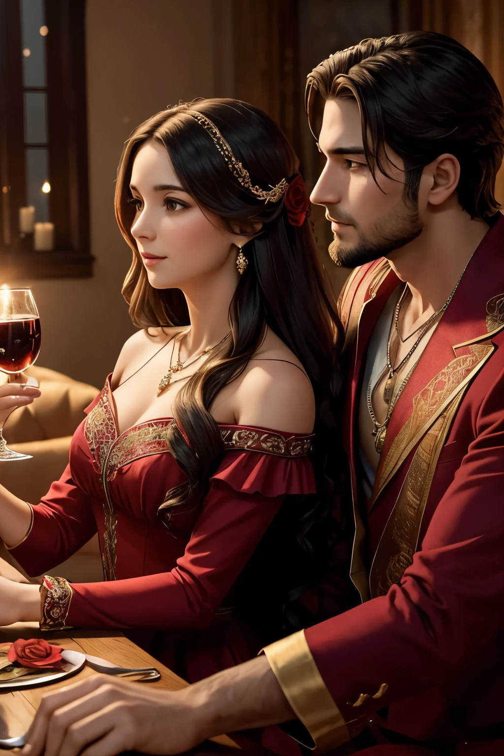A romantic and enchanting scene for Valentine's Day 2024, in a horizontal layout. A man and a woman, both in their early 30s, dressed in elegant red outfits, exchanging loving gazes. They are seated on a plush couch, surrounded by a setting sun casting warm, golden light. Red roses adorn the table next to them, their petals soft and vibrant. The woman's long, wavy hair cascades down her shoulders, and she wears a delicate necklace with a heart-shaped pendant. The man's short, neatly-groomed beard frames his strong jawline, and he holds a glass of red wine in
