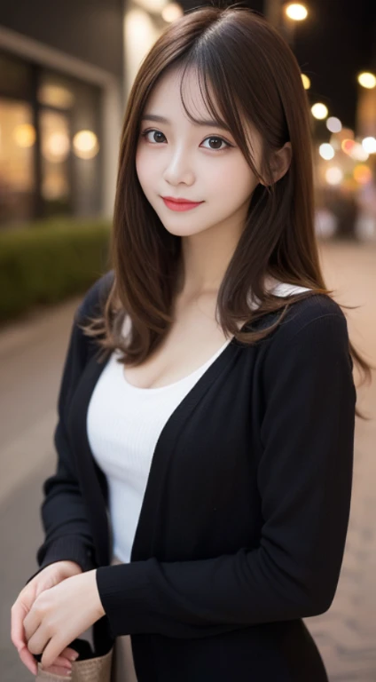 table top, highest quality, figure, super detailed, finely, High resolution, 8k wallpaper, 完璧なダイナミックな構figure, beautiful and fine eyes, elegant winter clothes,medium hair,small breasts natural color lip, bold sexy pose,smile、20 year old girl、cute、sexy shot looking at camera,night,beautiful and detailed face,elegant face,perfect and beautiful face,Slim face and body,spread your arms wide、background blur
