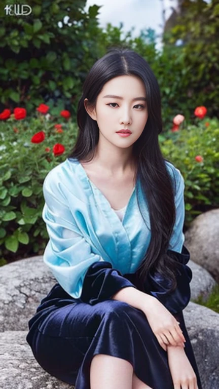 A beautiful girl with a perfect face with long black silky hair sitting on a rock in the middle of a clear blue sky taking beautiful photos and the garden of pale red roses two-dimensional images 8k resolution detail looking at the viewer full body lens original framed lens aperture f1.4 C4D HDR uhd full body
