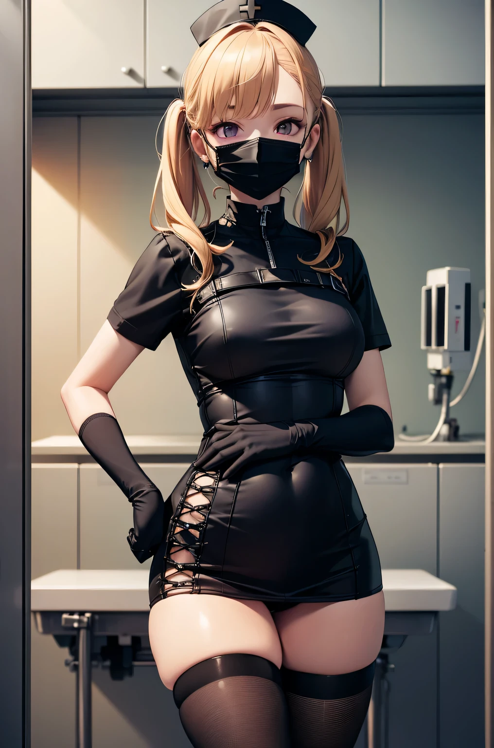 black nurse, 1 girl, alone, black nurse cap, Black Wear, ((black legwear, zettai ryouiki)), black elbow gloves, twin tails, yellow hair, purple eyes, ((Black surgical mask, Covered nose)), Are standing, ((operating room)), sharp outline, short sleeve, highest quality, masterpiece