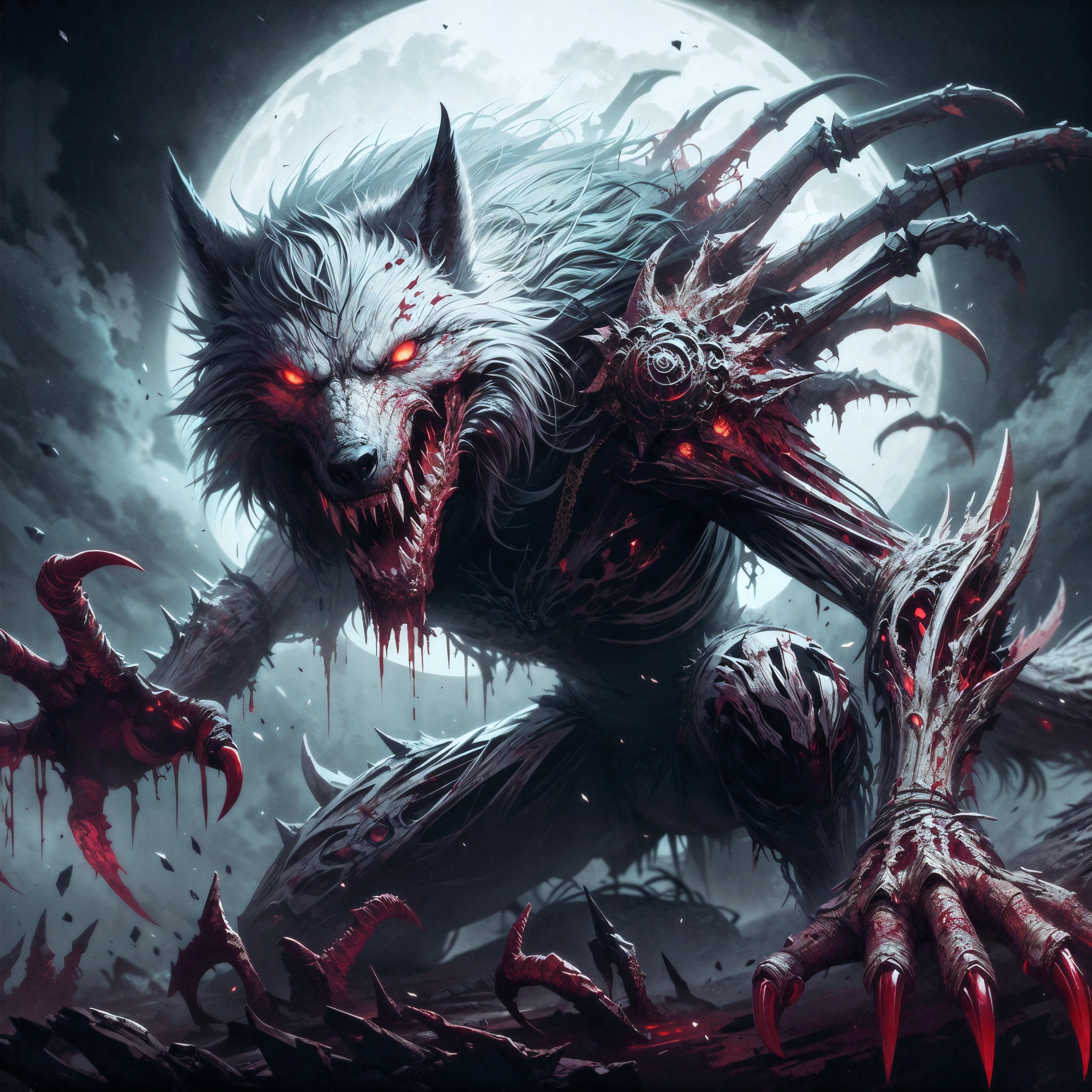 dark soul style, dark soul boss, a haunted warg, wolf like monster, rotten meat, horror skin, white fur with blood, dark aura, glowing red eyes, sharp toxic claws and fang, sharp spiky bone on the back, long bone tail, dark glowing runic on the skin, 2 horn,roaring,horror fantasy background, blood moon,