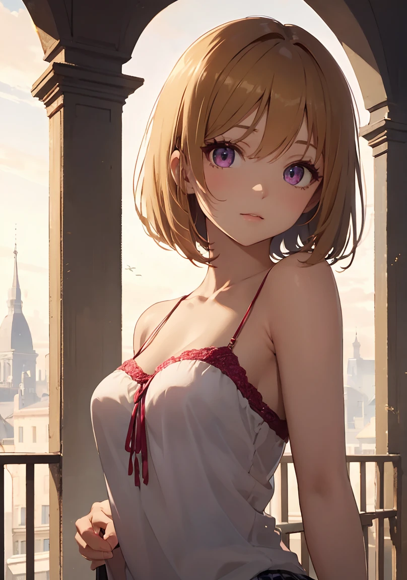 masterpiece, absurdres, best quality, ultra detailed, high Resolution, detailed illustration, extremely beautiful detailed face and eyes, Delicate beautiful face, bright colour, 1girl, cute face, magenta eyes, sparkling eyes, big eyes, medium breasts, (perky breasts:1.1), (pointy breasts:1.1), medium hips, glamorous body, white skin, happy, BREAK, long bob cut, (blonde hair:0.8), messy hair, detailed hair, shiny hair, BREAK camisole, tiny ribbon, real world, natural lights, perfect lighting, outdoor,