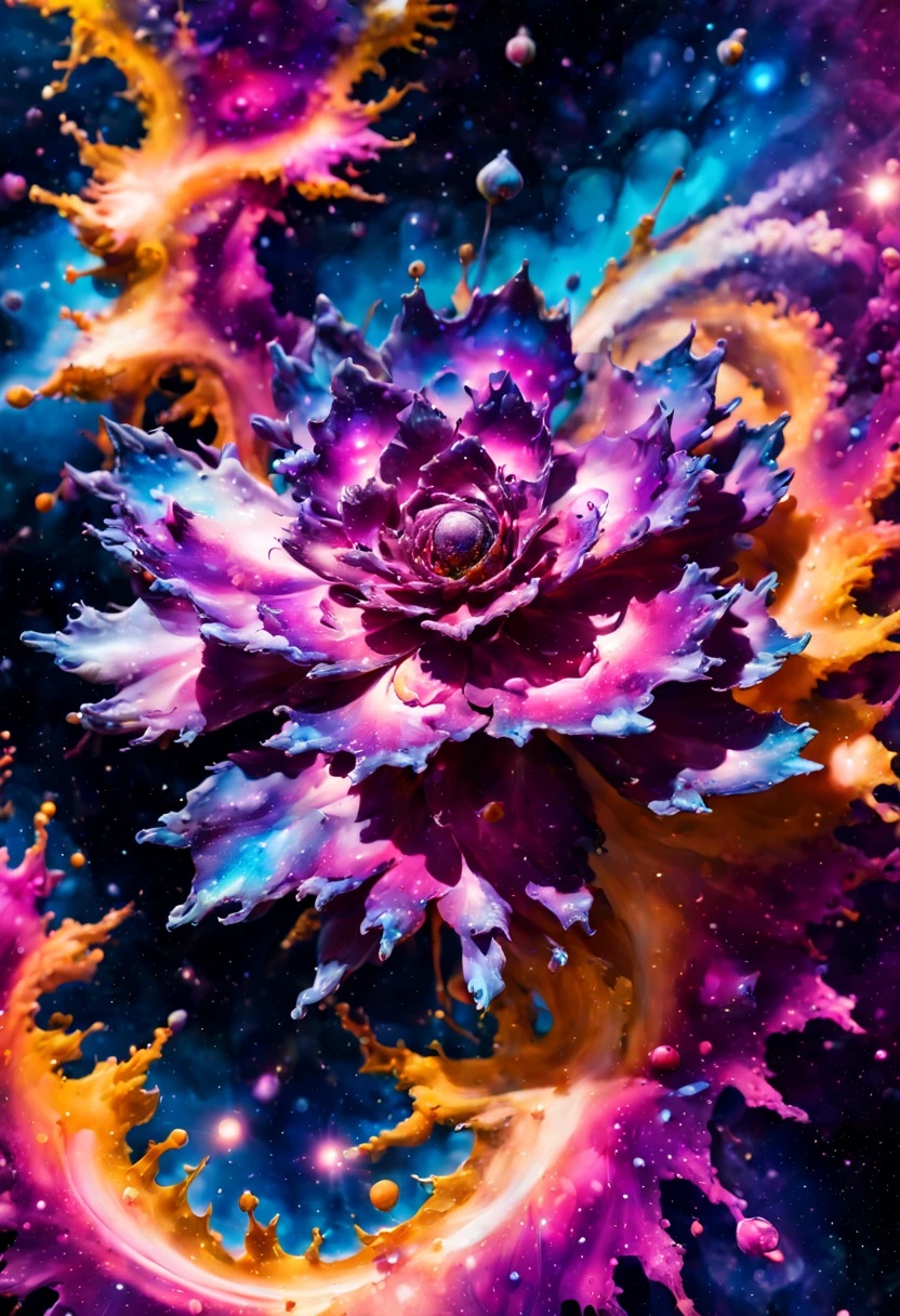 A beautiful colorful magical liquid ink splatter space flower, swirling, astral, ethereal, whimsical nebulous magellanic cloud of ink splatters. Hyperrealistic, splash art, concept art, mid shot, intricately detailed, color depth, dramatic, 2/3 face angle, side light, colorful background, colored alcohol inks