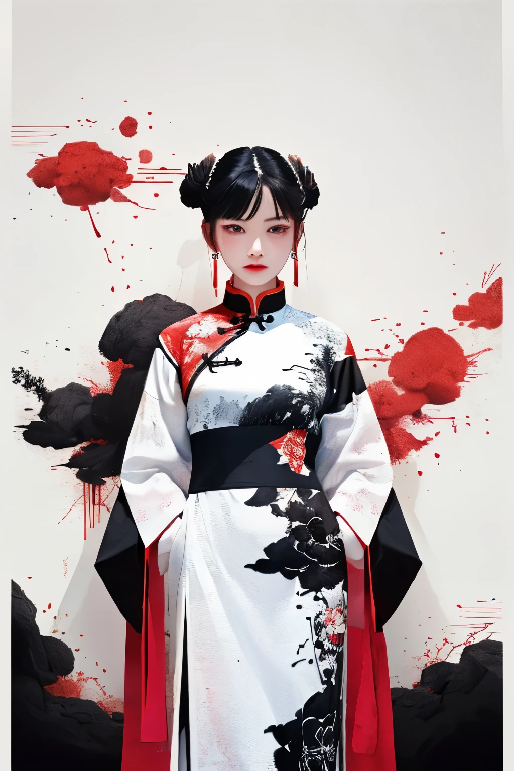 masterpiece, 8k, (absurdres, highres, ultra detailed), (1lady:1.3), EpicArt,Chinese ink paint,water inkSpot,White and white,Chinese style, ink splatter, chinese clothes, black hair