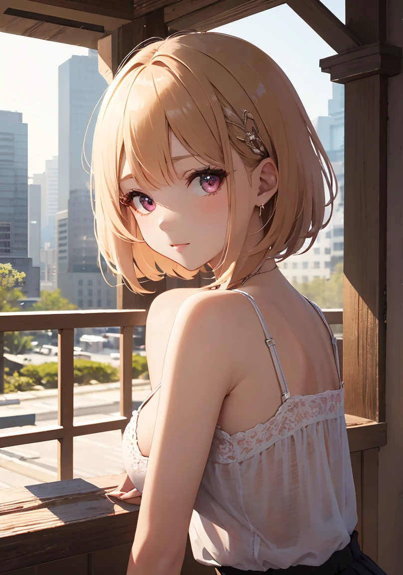masterpiece, absurdres, best quality, ultra detailed, high Resolution, detailed illustration, extremely beautiful detailed face and eyes, Delicate beautiful face, bright colour, 1girl, cute face, magenta eyes, sparkling eyes, big eyes, medium breasts, (perky breasts:1.1), (pointy breasts:1.1), medium hips, glamorous body, white skin, happy, BREAK, long bob cut, (blonde hair:0.8), messy hair, detailed hair, shiny hair, BREAK camisole, gingham check skirt, tiny ribbon, real world, natural lights, perfect lighting, outdoor,