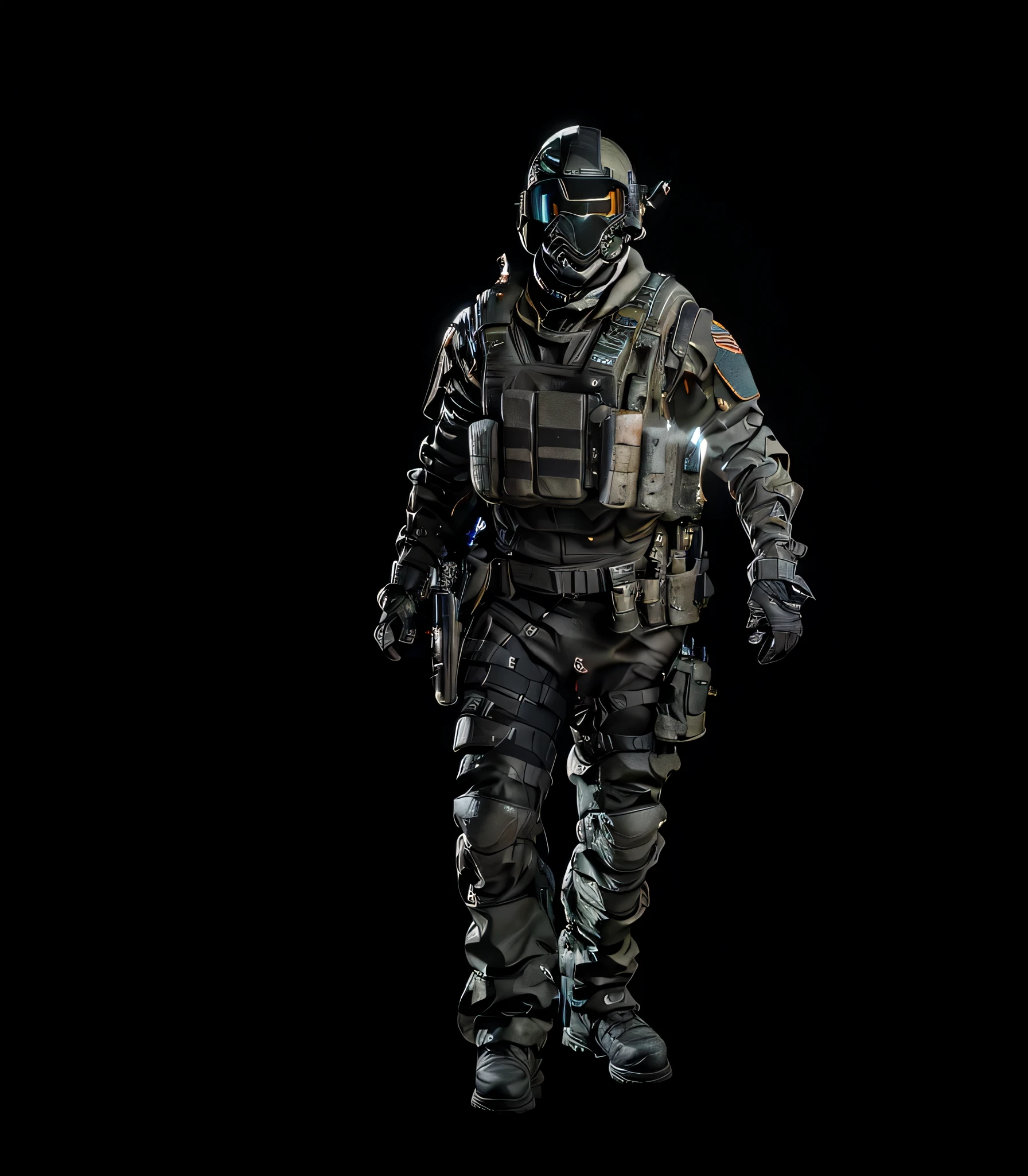 A girl wears、Close-up of a man with a gun, Wearing a dark space mercenary outfit, obsidians skin, pitch black skin, Soldier suit, clear outfit design, Invisibility cloak, slick clammy skin, helghast, 8 k ciri details, new ciri, High quality theme rendering, black octane rendering, special forces mask, pain_ciri,4K,8k,ultra high definition